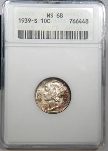 1939-S Mercury Dime ANACS grado MS 68 "Molto impressionante con tonalità mogano" - Foto 1 di 4