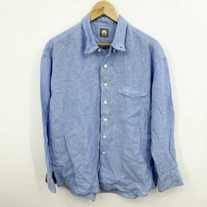 18 East Shirt Mens Medium Striped Cotton Linen Twill Blue Button Down Utility - Picture 1 of 6