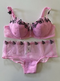 Victoria's Secret PINK Wink Push Up Bra & Cheeky Panty Set Pink Black Butterfly