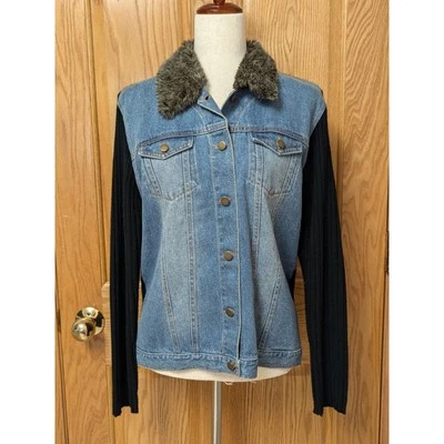 复古 Northcrest 牛仔夹克女式 XL Y2K 毛领黑色针织袖 — 第 1/4 张图片