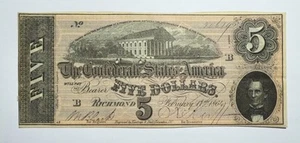 1864 $5 Confederate States of America Note T69 AU - Picture 1 of 2