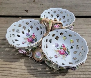 Sitzendorf Dresden Porcelain Reticulated Bowl-Applied Flowers and Gold Accents - Picture 1 of 18