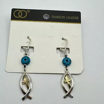 Pendientes colgantes cruz plata tono oro imitación turquesa fe pez cristiano Foto 1 de 4