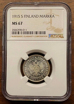 💎 Gem! 1915 S Russia Finland 1 Markka NGC MS67 Superb Brilliant Uncirculated - Image 1 of 2