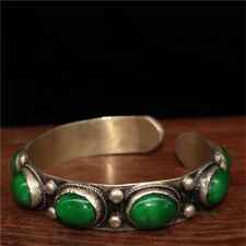 Chinese Craft Made Old Tibetan Silver Inlaid Ice Green Jade Bracelet