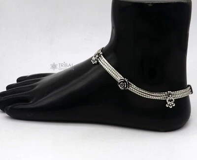 10.5"925 Sterling silver rose flower design 3 string anklet foot bracelet ank618 - Image 1 of 4