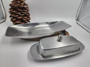 MCM Vintage Oneida JAPAN 18/8 Stainless Steel Covered Butter Dish Serving Tray - Picture 1 of 7