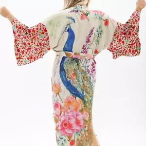 New Peacock Kimono Duster Maxi Cardigan One size Beach cover up Boho New. - Picture 1 of 6