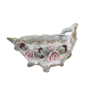 Vintage Ceramic Oval Bowl With Rose Petal Clusters Applied & Gold Highlighting - Picture 1 of 8