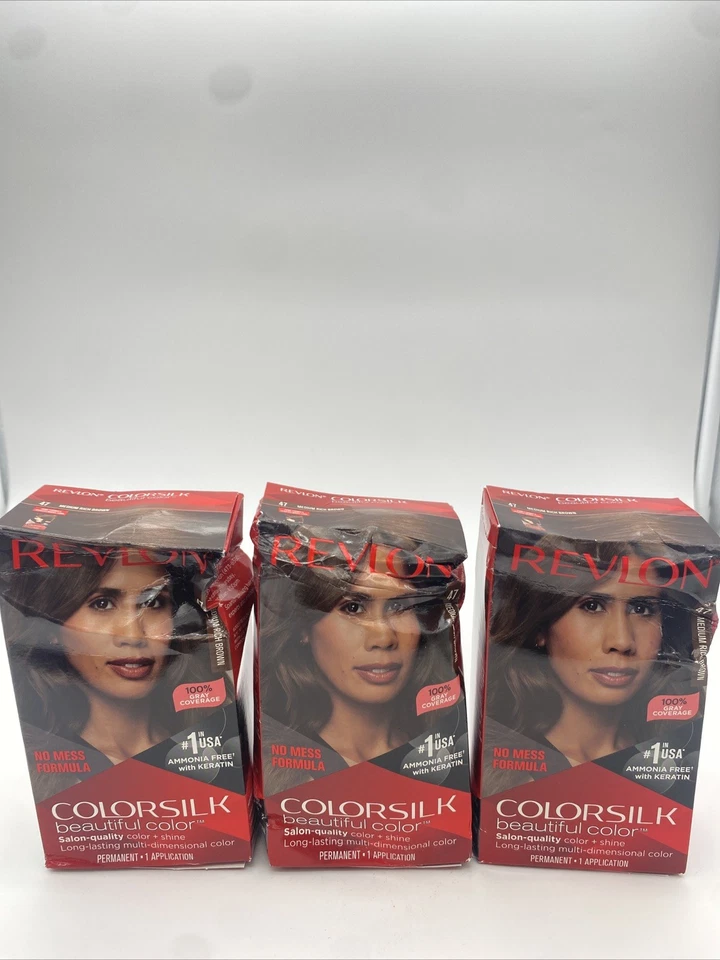 Paquete de 3 hermosos tintes para el cabello Revlon Colorsilk #47 marrón medio rico ~ cajas dañadas Foto 1 de 4