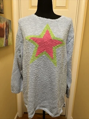 Women’s Quacker Factory 1X Sweater Blue Pink And Green Star Design - Image 1 of 4