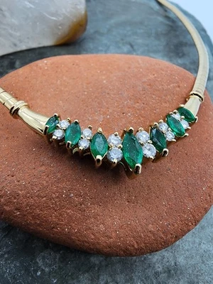 14k .585 Gold Natural Emerald & Diamond Marquise Italy Omega Necklace Au 25216 - Image 1 of 4
