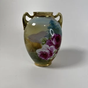 Antique Nippon Roses Vase Urn Hand-Painted Porcelain 2 Handle Gold - Picture 1 of 13