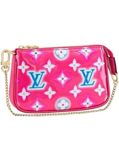 Louis Vuitton Mini Pochette Accessoires Pink Blue Neon Patent Gold Chain Bag - Picture 1 of 10