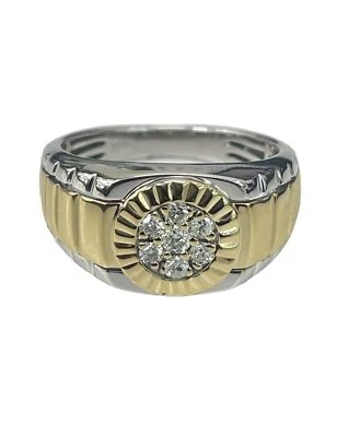 Mens round Brilliant Signet Diamond Ring Band Two Tone Gold 14kt Foto 1 de 4