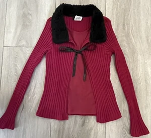 Burgundy One Piece Ribbed Cardigan Set Black Fleece Collar Long Sleeve Girls Med - Picture 1 of 7