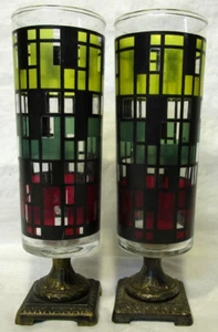 vintage MCM 8"h faux stained glass cylinder candle/votive holder w/metal base - Picture 1 of 5