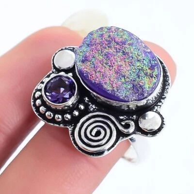 Titan Druzy, Amethyst Edelstein Handgemacht Silber Schmuck Ringgröße 8 RRJ16676 - Bild 1 von 4