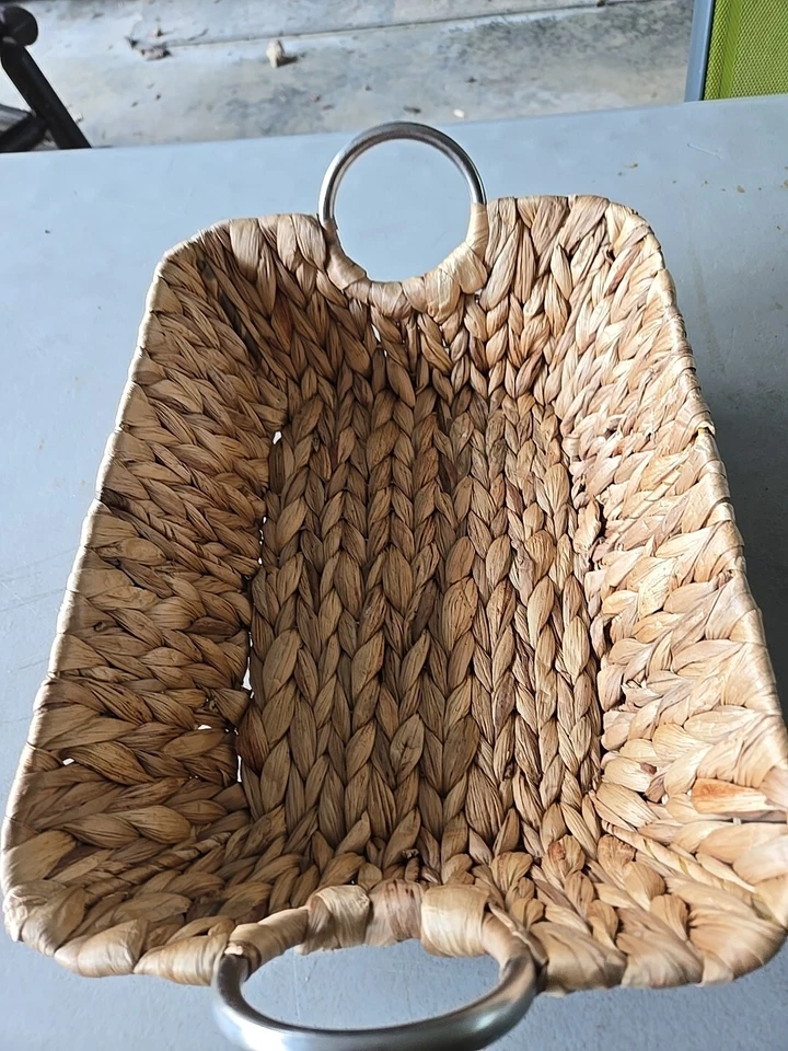 Straw 14 X 10.5 Wicker Basket/Serving Tray With Silver Metal Handles  - Image 1 of 4