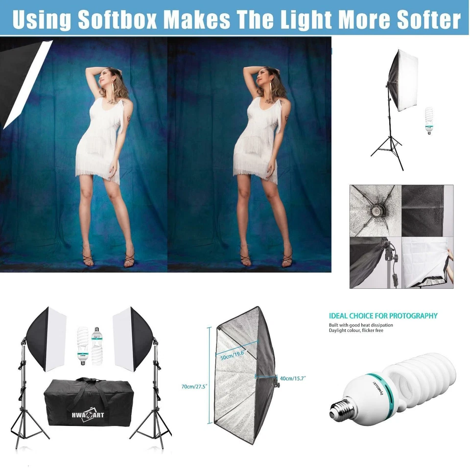 Photography Softbox 50x70cm 135W 150W Daylight Bulb Light Stand Kit - Image 1 of 1