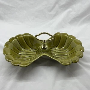 Vintage MCM California Keramik geteilt Schale mit Goldgriff Avocado Grün USA - Bild 1 von 9