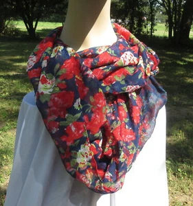 Bufanda ancha transparente de gasa roja azul con estampado de flora círculo infinito 23 x 66 A822 - Imagen 1 de 6