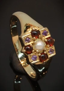9 Carat Yellow Gold Pearl, Amethyst & Garnet Cluster Ring Size S (80.25.021) - Picture 1 of 5