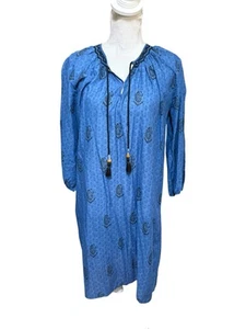 Pink Chicken NY Cotton Embroidered Tassel Dress Coverup Blue Printed XS - Picture 1 of 5