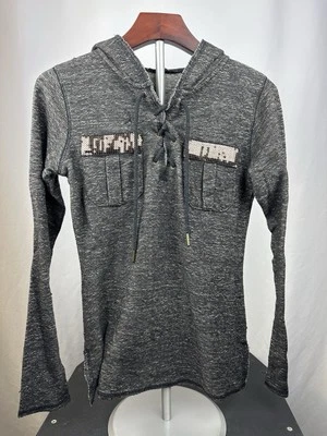 Miss Me Womens Knit Hoodie Sequin Pickets Size Medium Gray  - Image 1 of 4