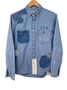 Avirex Patchwork Mens Denim Shirt Long Sleeve Distressed Blue Size Medium - Picture 1 of 10