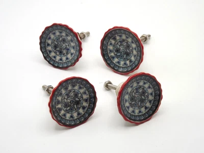 Set of 4 French Vintage Porcelain Decorative Drawer Handles Blue Red &Cream 5417 - Image 1 of 4