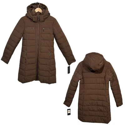 Casaco de inverno feminino Tommy Hilfiger longo acolchoado tamanho P marrom bolsos com zíper - Imagem 1 de 4