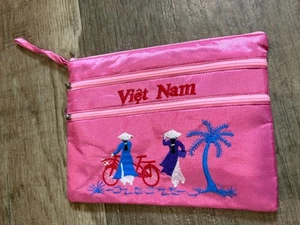 Viet Nam Pouch Zippered Bag Clutch Purse Silk Makeup Bag Pink 3 Section Rare - Picture 1 of 7