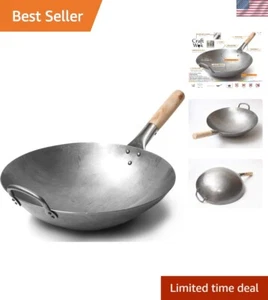 Traditional Hand Hammered Carbon Steel Pow Wok with Wooden and Steel Helper H... - Picture 1 of 8