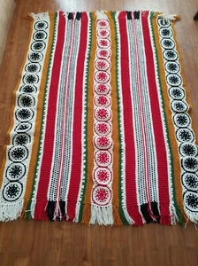 Handmade Crochet Knit Blanket Afghan Red white black Throw Fringe . 50" x 70" - Picture 1 of 5