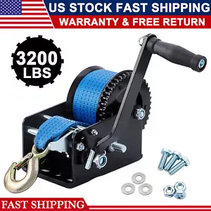 3200LBS Heavy Duty Hand Winch Hand Crank 2 Gear Polyester Strap ATV Trailer Boat - Picture 1 of 12