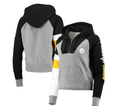 Pittsburgh Steelers New Era Mujer Color Block Crop Raglán Sudadera con Capucha - Negro/Gris Foto 1 de 3