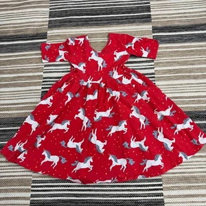 Hanna Andersson Girls Unicorn Print Skater Dress Pockets Stretch Jersey Red Sz 8 - Picture 1 of 9