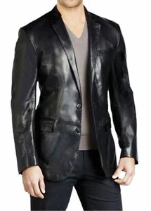 Blazer de cuero negro para hombre piel de cordero motociclista corredor cafetería cierre de botón - Imagen 1 de 4