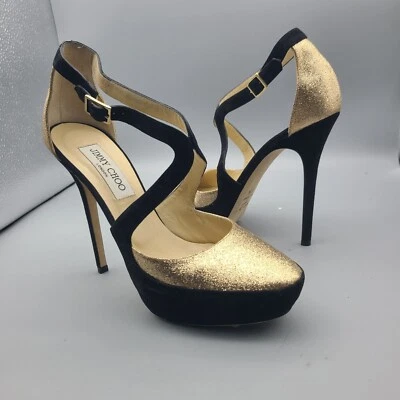 Jimmy Choo women Pump Shoes Tulip Gold Glitter Black Suede Platform sz 8.5 38.5 - Image 1 of 4
