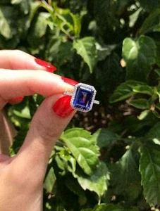 3Ct Emerald Lab Created Blue Sapphire Halo Engagement Ring 14K White Gold Plated - Picture 1 of 4