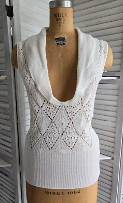Flirty Vtg 90s Say What? White Crochet Knit Top L Hippie Boho Coquette Dainty - Image 1 of 4