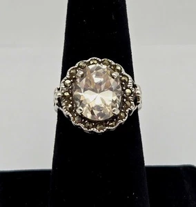 VTG Sterling Silver Citrine Yellow Gemstone Marcasite Halo Ring Size 7 - 5.3g - Picture 1 of 6