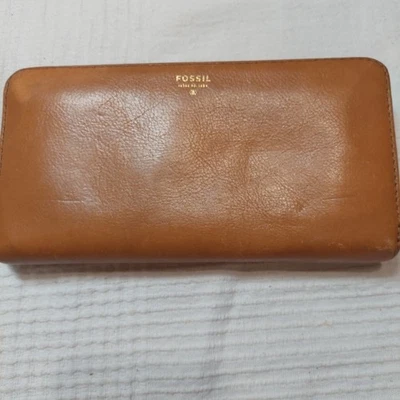 Fossil Womens Brown Zip Around Wallet Outer Pocket Yellow Interior - Image 1 of 4