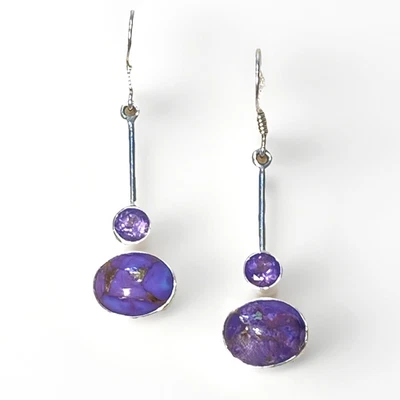 Silver Amethyst & Turquoise Earrings 925 Sterling  Hooks Purple Mohave 4.5cm New - Image 1 of 4