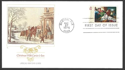 CHRISTMAS 1976 CURRIER & IVES ART WINTER PLEASURES NATIVITY FLEETWOOD CACHFDC - Image 1 of 2