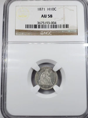 1871 P NGC AU58 - Silver Seated Half Dime H10C  - Image 1 of 4
