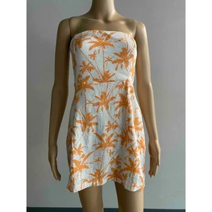 Showpo Womens Dress White Orange Palm Print Strapless Mini Casual Summer Sz. 10 - Picture 1 of 8