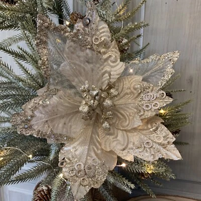 Cream Gold Fabric Poinsettia Pick Christmas Tree Decoration Gisela Graham  - Image 1 of 4