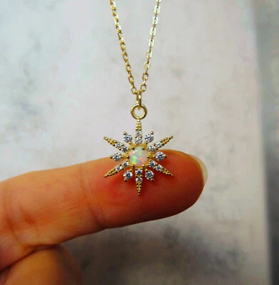 925 Silber Opal Starburst Halskette Feueropal Opal Halskette Gold Stern Kette - Bild 1 von 4